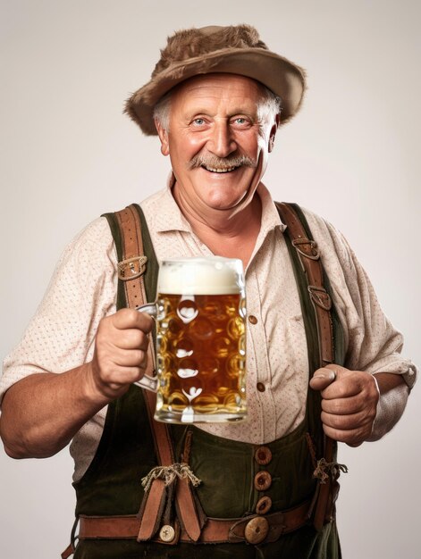 Un homme de l'Oktoberfest en vêtements traditionnels bavarois tenant une bière