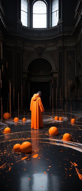 Photo un homme en orange est debout dans une pièce avec des boules orange