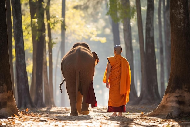 Photo un homme en orange mène un éléphant à travers une forêt