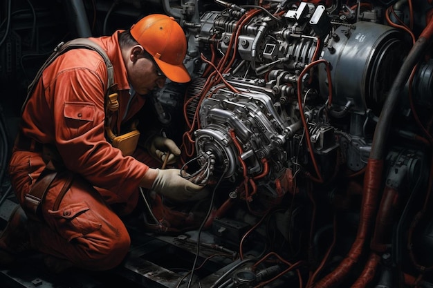 Un homme en orange travaille sur un moteur de voiture.