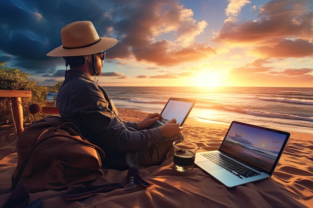 Homme avec un ordinateur portable et du café sur la plage au coucher du soleil Concept indépendant homme allongé sur le sable de la plage avec un ordinateur portable travaillant au coucher du soleil sur l'océan AI généré