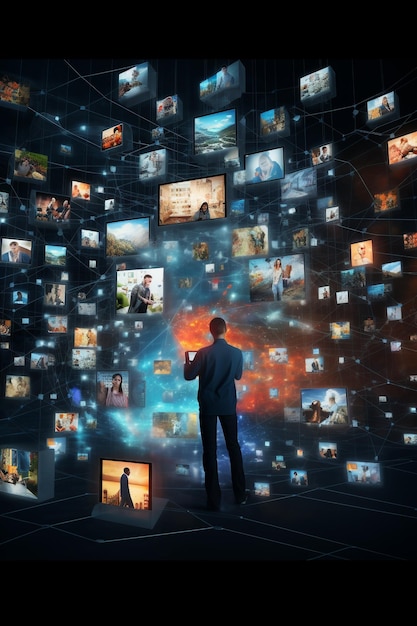 Photo un homme avec un ordinateur portable entouré d'images flottant dans le cyberespace