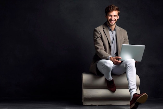 Un homme avec un ordinateur portable sur ses genoux sur un fond gris copie l'espace