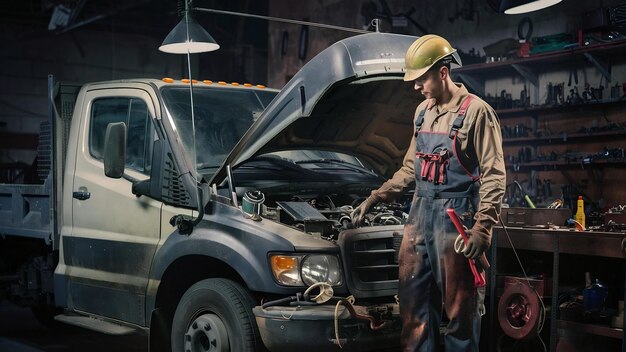 Homme avec des outils pour ouvrier de camion en uniforme camion défectueux