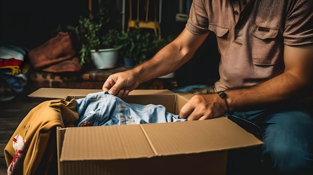 Un homme ouvre une boîte en carton remplie de vêtements IA générative