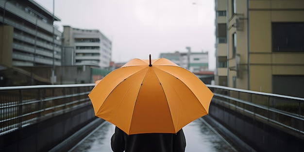 Un homme avec un parapluie jaune debout sur un pont par temps pluvieux dans la vue arrière de la ville