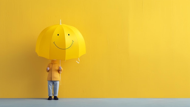 un homme avec un parapluie jaune devant un mur jaune concept de bonheur