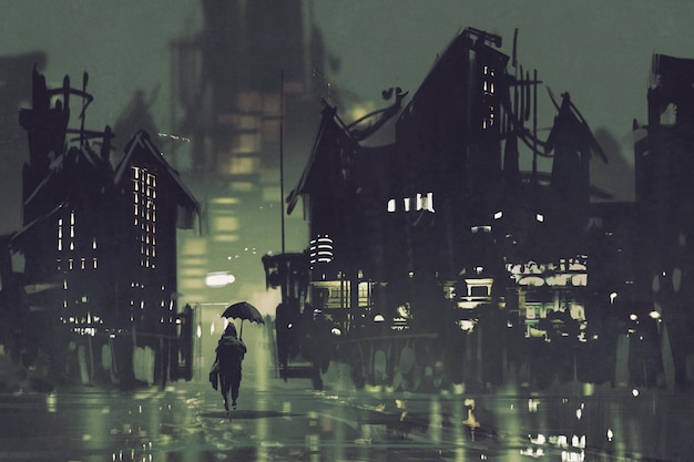 homme avec parapluie marchant dans la ville sombre la nuit, peinture d'illustration
