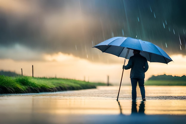 un homme avec un parapluie se tient sous la pluie sous un ciel nuageux.