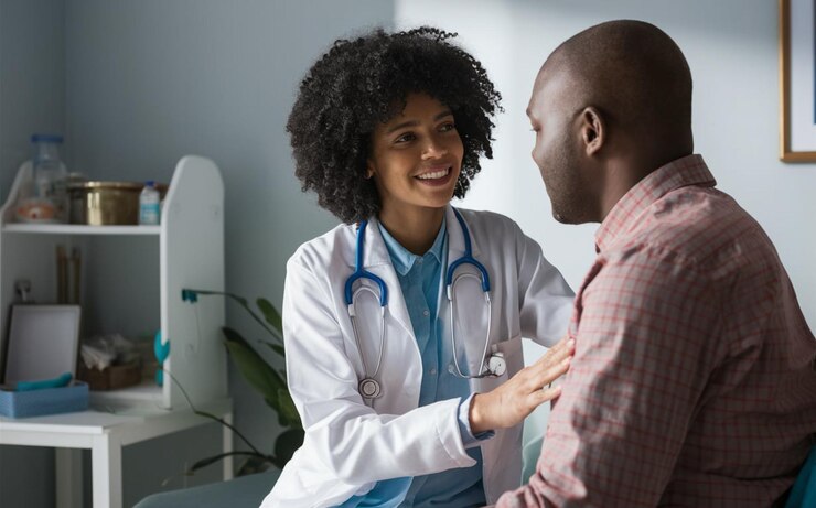 Photo un homme parlant à une femme dans un hôpital avec un stéthoscope sur son épaule