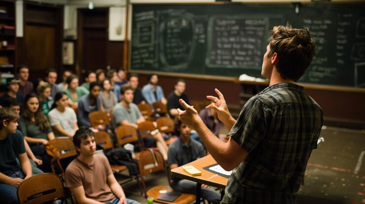 Photo un homme parle devant une classe d'étudiants