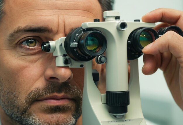 Photo un homme participe à un examen oculaire avec un équipement binoculaire orienté vers le détail du processus médical