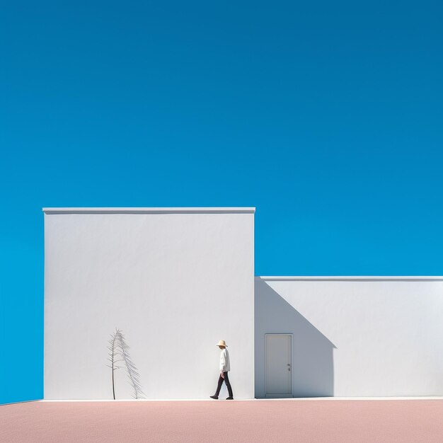 un homme passe devant un bâtiment blanc avec un homme qui passe devant.