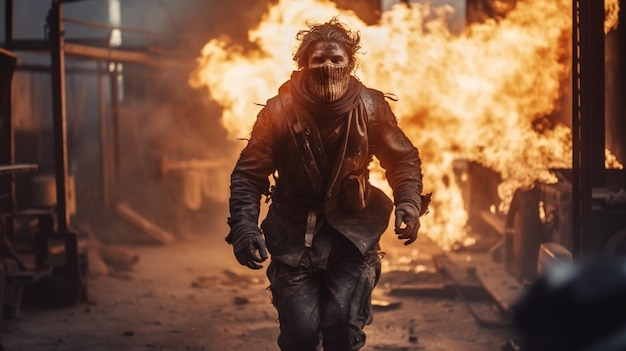 Un homme passe devant un immeuble en flammes avec un masque sur le visage.