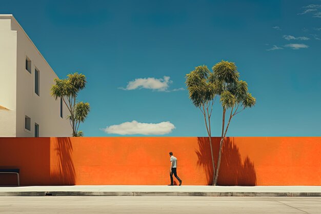 Photo un homme passe devant un mur orange avec un ciel bleu et des palmiers