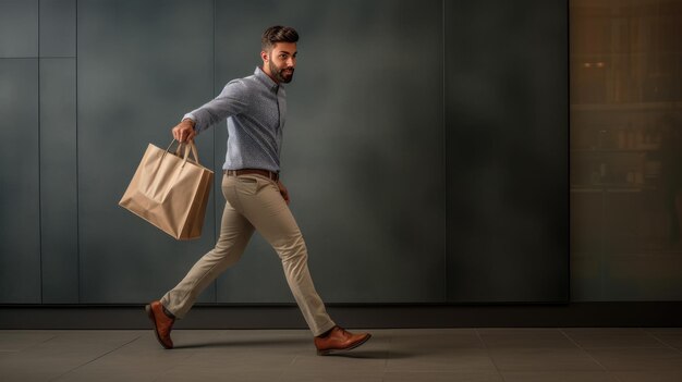 Un homme passe avec un sac Kraft dans la main créé avec la technologie d'intelligence artificielle générative