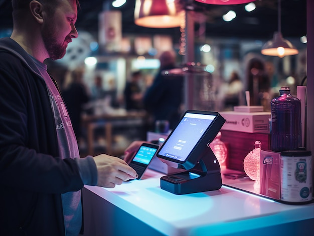 Homme payant avec carte de crédit et smartphone dans un café concept de magasinage en ligne