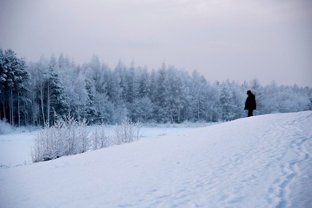 Homme sur un paysage couvert de neige contre le ciel