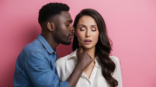 Photo un homme à la peau foncée ferme les yeux de sa petite amie sur un mur rose. une femme brune semble surprise.