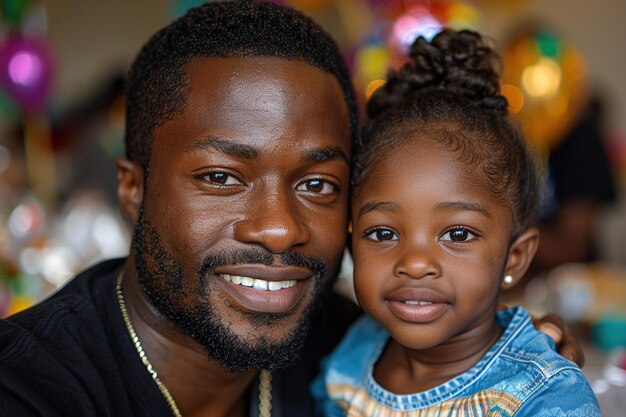 un homme à la peau noire pose pour la caméra avec sa fille tous les deux sourient