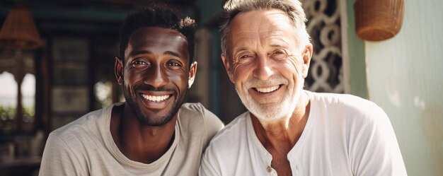 Photo un homme à la peau noire souriant à côté d'un homme à la peau claire ia générative