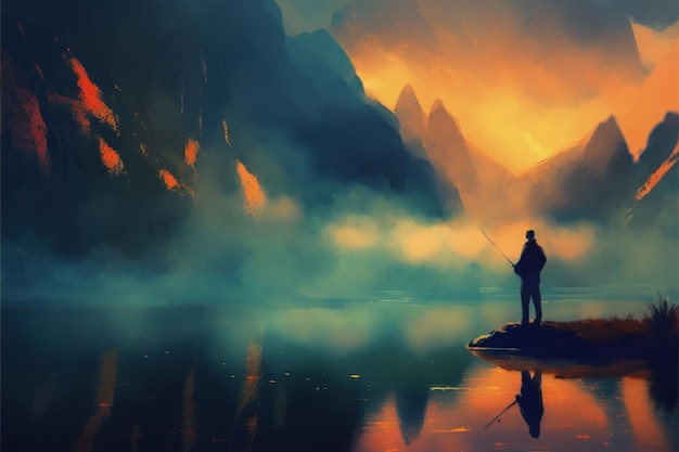 Un homme pêchant dans le lac pendant une aube brumeuse Concept fantastique Peinture d'illustration AI générative