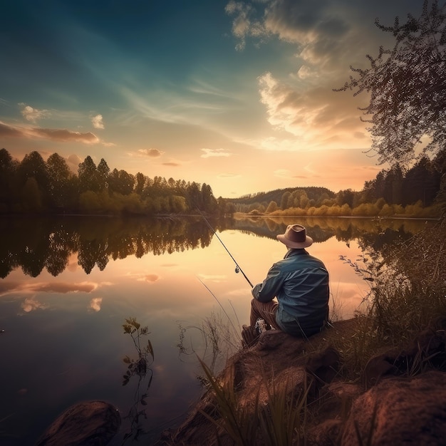 Un homme pêche au bord d'un lac