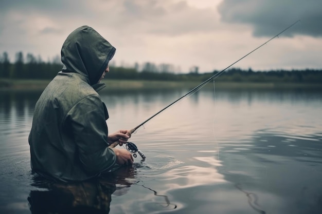 Un homme pêche dans une belle rivière IA générative