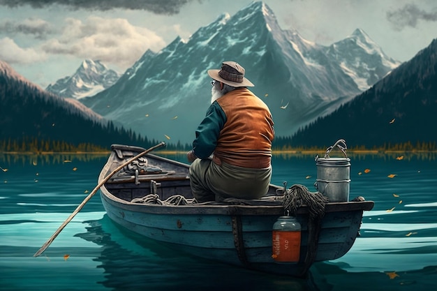 Homme de pêche récréative profitant d'une aventure sur un lac sur un bateau AI