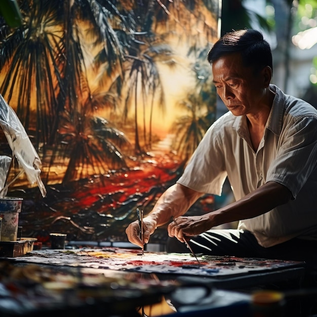 un homme peignant une image d’une scène tropicale.