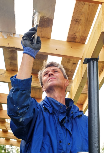 Photo homme peignant une maison en bois avec un pinceau