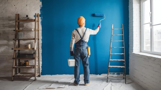 Homme peignant le mur avec de la peinture bleue en utilisant des rouleaux ouvrier de la construction outil rénovation d'appartement