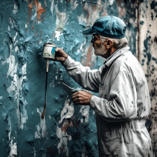 Un homme peignant un mur avec un pinceau et un pinceau.