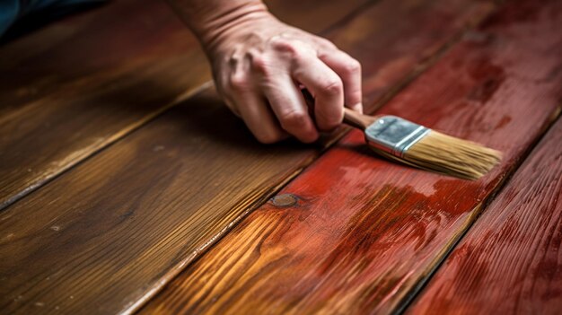 Photo homme peignant le sol en bois avec un pinceau