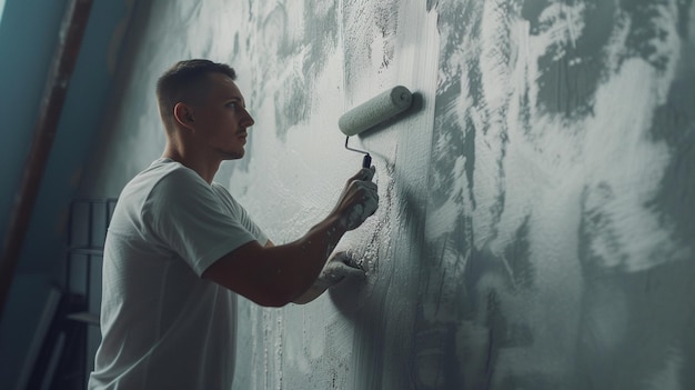 un homme peint le mur avec de la peinture blanche avec un rouleau