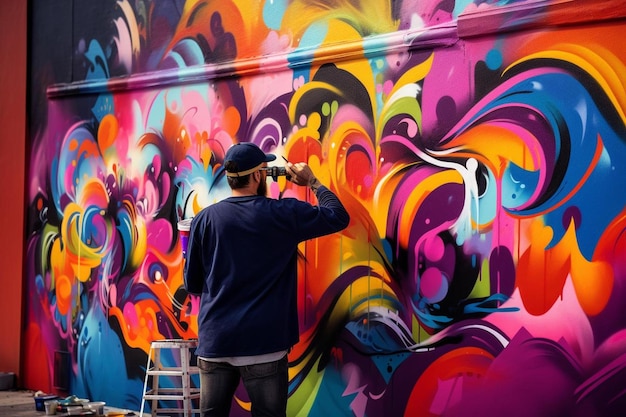 un homme peint une peinture murale colorée sur un mur