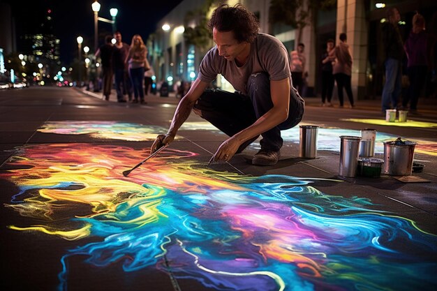 Un homme peint sur le trottoir avec un pinceau.