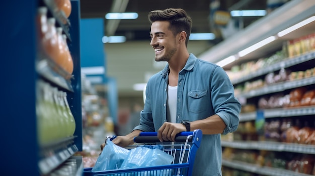 Un homme pense à quel genre de produit dans un supermarché pour choisir l'acheteur sélectionne la nourriture en conserve à la s