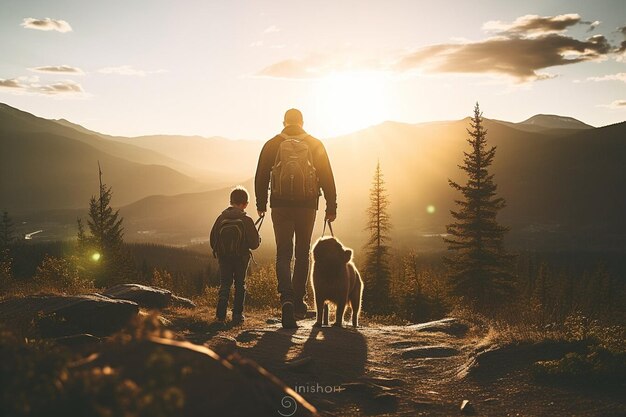 Un homme père randonneur voyageant et de randonnée avec son petit fils et son chien de compagnie ils se tiennent sur le sommet de la montagne et regardent la belle vue sur le paysage