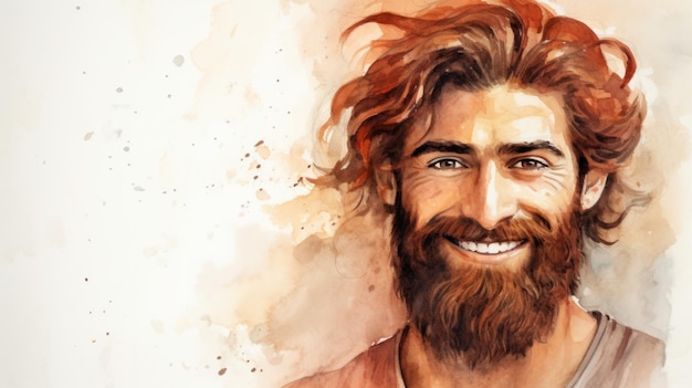 Homme persan adulte souriant avec des cheveux raides rouges Illustration aquarelle Portrait d'une personne occasionnelle sur fond blanc avec espace de copie Illustration horizontale photoréaliste générée par Ai