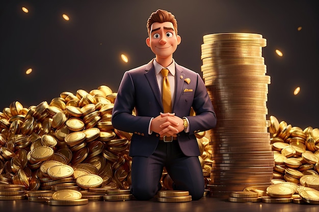 Homme de personnage de dessin animé s'appuyant sur une énorme pile de pièces d'or homme d'affaires conseil financier rendu 3d