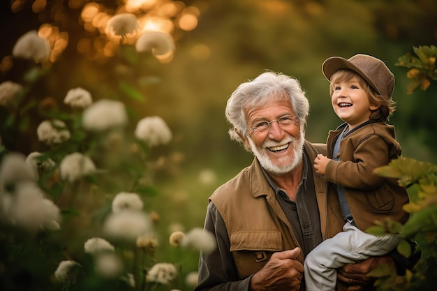 Un homme et un petit garçon se tiennent dans un champ en souriant et en se tenant