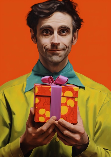 Homme avec une petite boîte cadeau aux couleurs vives