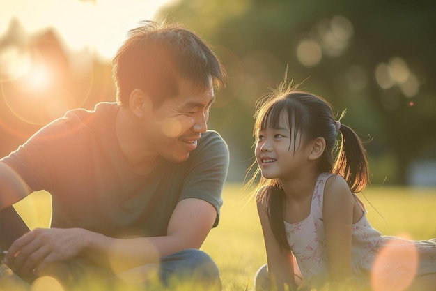 un homme et une petite fille assis dans l'herbe