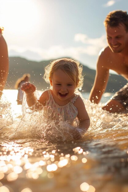 un homme et une petite fille jouant dans l'eau