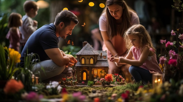 Un homme et une petite fille jouant heureux avec une maison de poupées ensemble