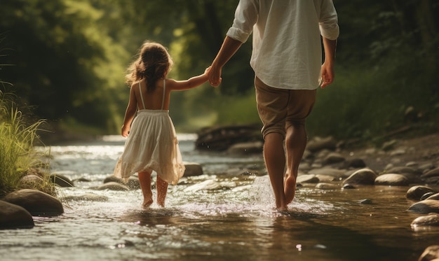 Un homme et une petite fille marchent dans un ruisseau.