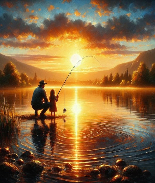 un homme et une petite fille pêchent dans un lac avec le soleil derrière eux