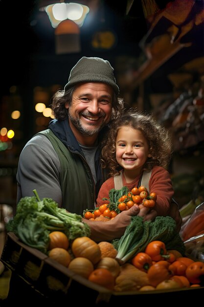 Un homme et une petite fille regardent des légumes sur le marché