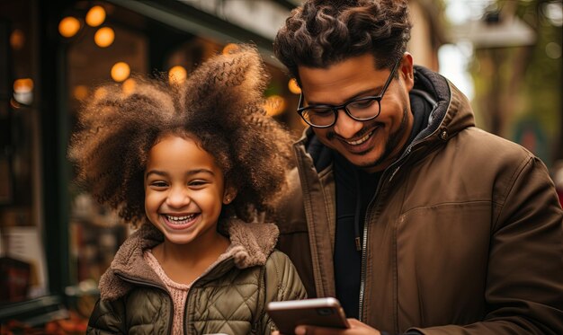 Un homme et une petite fille regardent leur téléphone portable